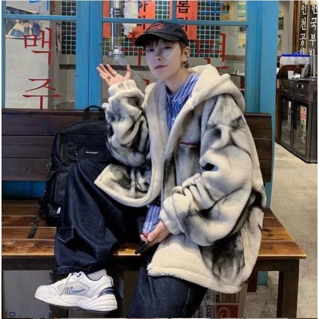 冬季情侣棉服男加绒加厚连帽开衫羊羔绒百搭外套韩版潮流印花