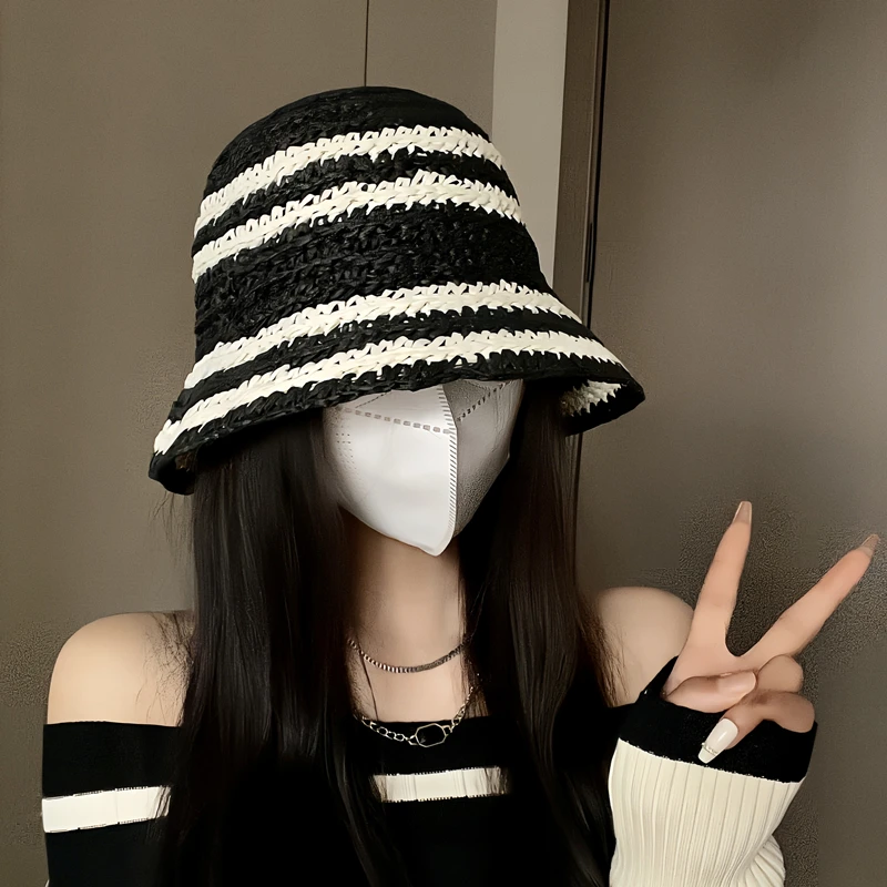 夏季新款渔夫帽子女小众手工编织草帽显脸小户外太阳帽防晒遮阳帽