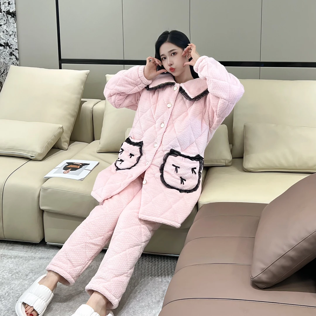 2024新款秋冬季珊瑚绒加厚三层夹棉加绒保暖睡衣女家居服套装