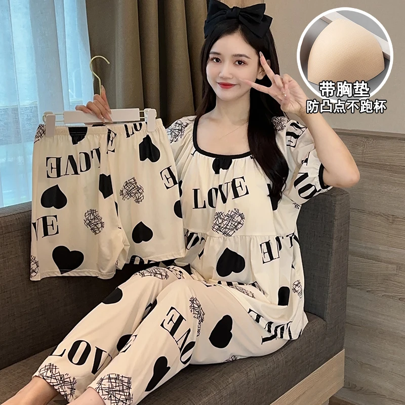 睡衣女夏季新款短袖三件套薄款胸垫大码宽松卡通韩版家居服套装