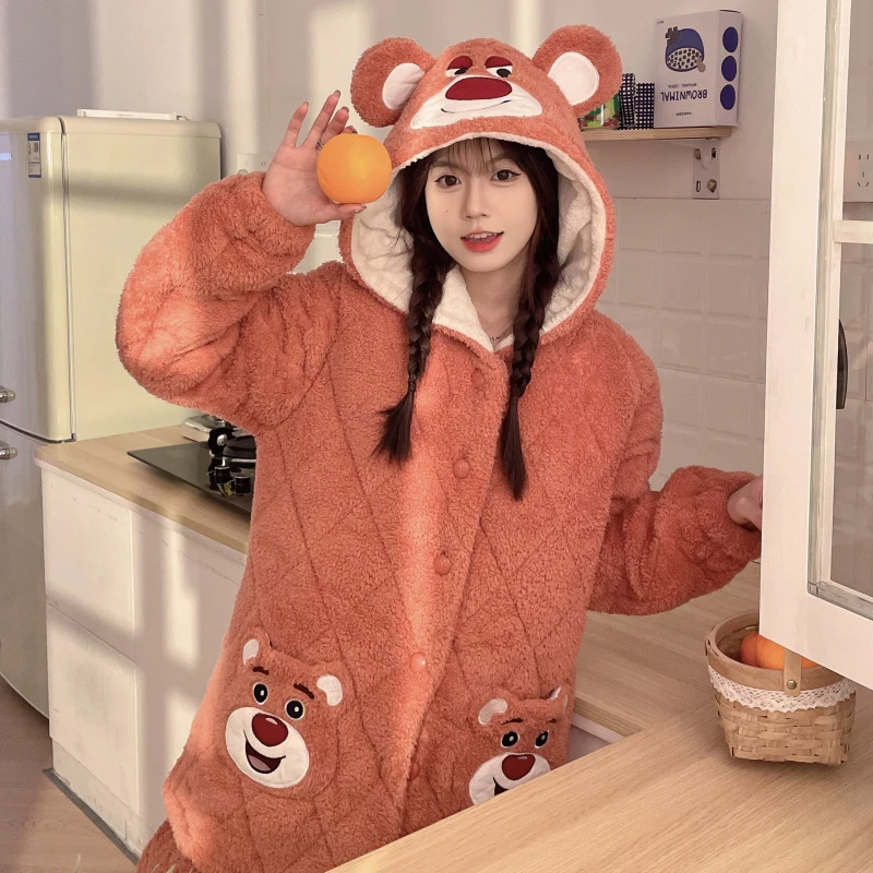 睡衣女秋冬季法兰绒开衫时尚可爱宽松韩版珊瑚绒可外穿家居服套装