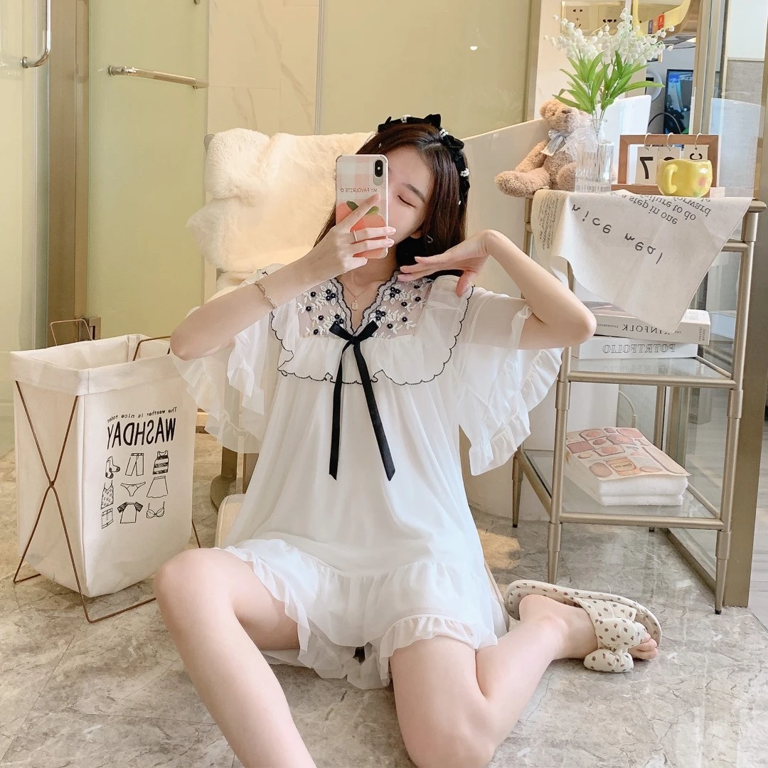 睡衣女夏季短袖薄款网纱蝴蝶结公主风甜美蕾丝可外穿家居服套装