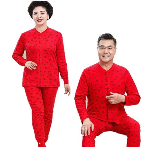 本命年中老年人红色纯棉秋衣秋裤男女士福字高腰大码棉毛衫套