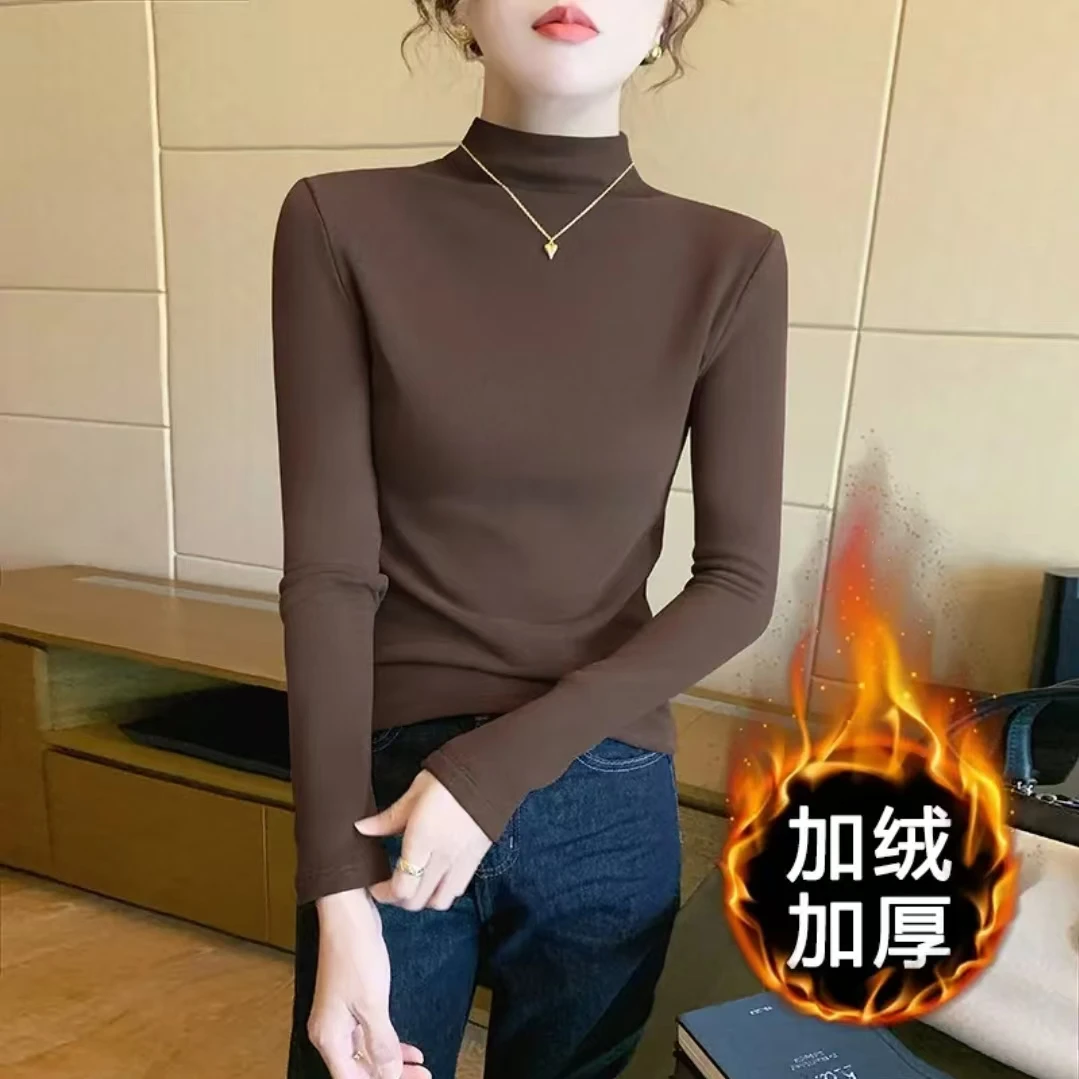 咖色半高领加绒加厚打底衫女春秋冬新款内搭双面德绒中领上衣