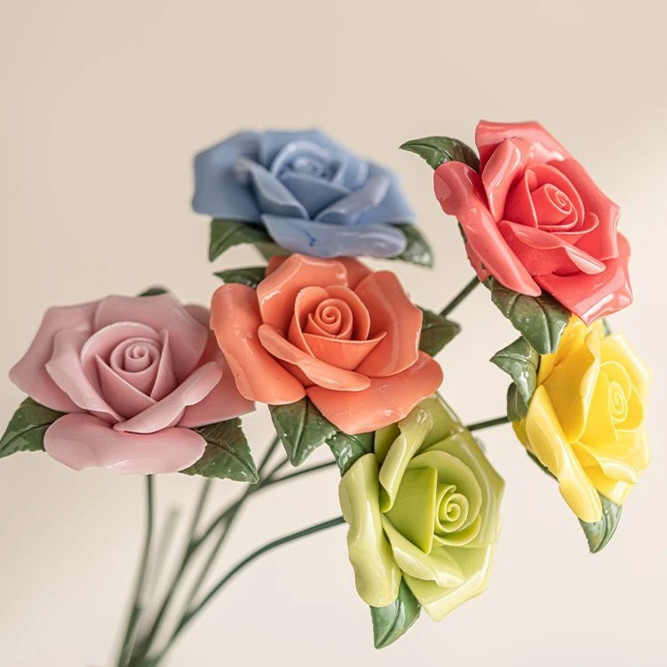 陶瓷手捏花摆件玫瑰家用送礼办公室客厅纯手工花篮花球陶瓷花摆饰