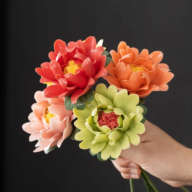 牡丹花陶瓷玄关创意手工花插花枝摆件陶瓷花仿真花家居装饰花摆件