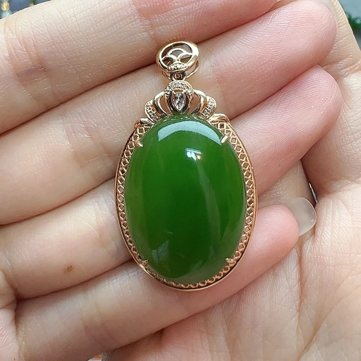 和田玉（碧玉）吊坠18K金镶嵌