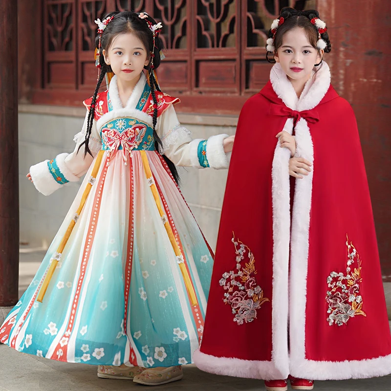 汉服冬款女童唐装拜年服中国风连衣裙加绒厚裙子儿童过年喜庆衣服