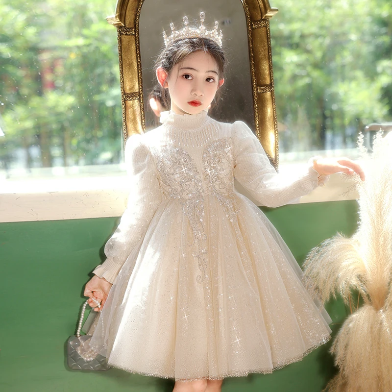 女童公主裙秋冬季花童婚礼轻奢钢琴演出服小主持人高端礼服连衣裙