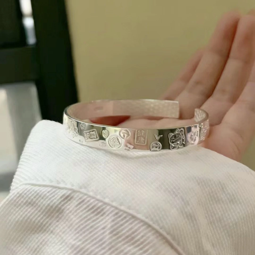 足银银制品 足银9999吉言猫手工时尚精美简约手镯可调节女士百搭
