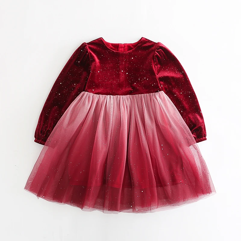 儿童冬季加绒连衣裙女童秋冬演出服新年礼服红色女孩长袖拜年服