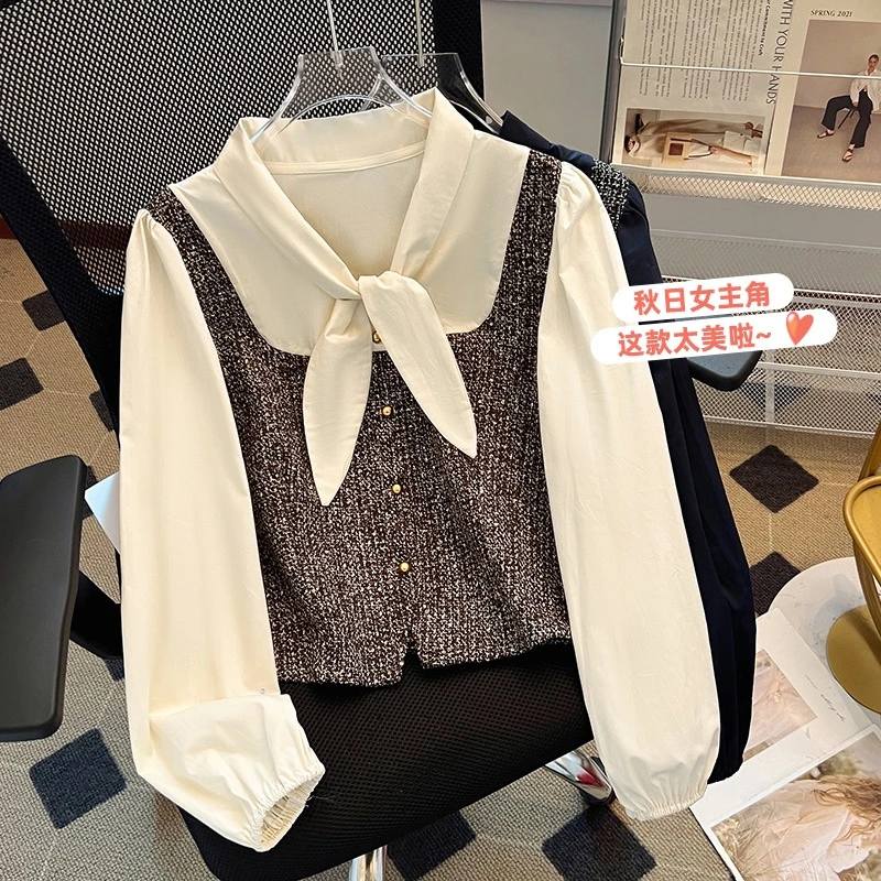 法式气质小香风假两件衬衫女秋季新款时尚减龄宽松系带单排扣上衣