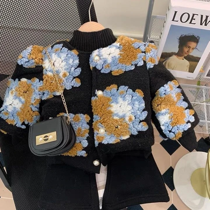 女童秋冬套装新款儿童冬装网红衣服女宝宝羊羔毛外套毛衣裤子