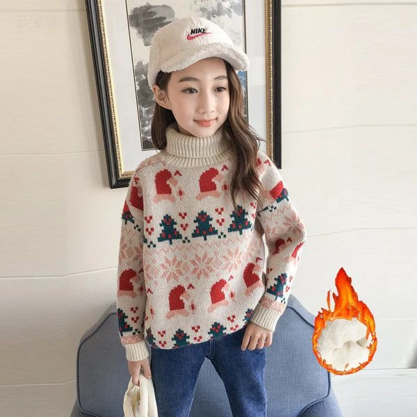 女童高领毛衣秋冬新款韩版加绒红色加厚圣诞新年儿童针织衫潮