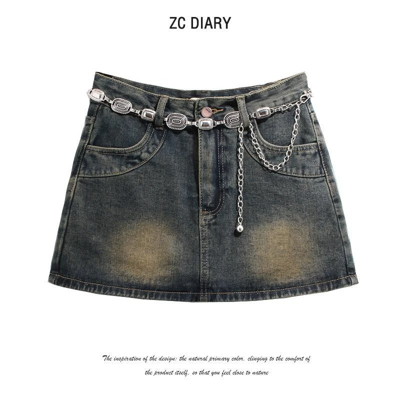 2024年新款美式辣妹复古牛仔半身裙女春季新款做旧包臀短裙子女