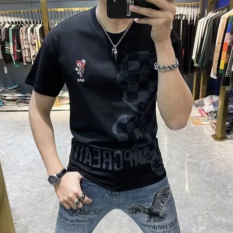 高端欧版男士欧版轻奢印花短袖修身潮牌休闲个性高品质夏季上衣