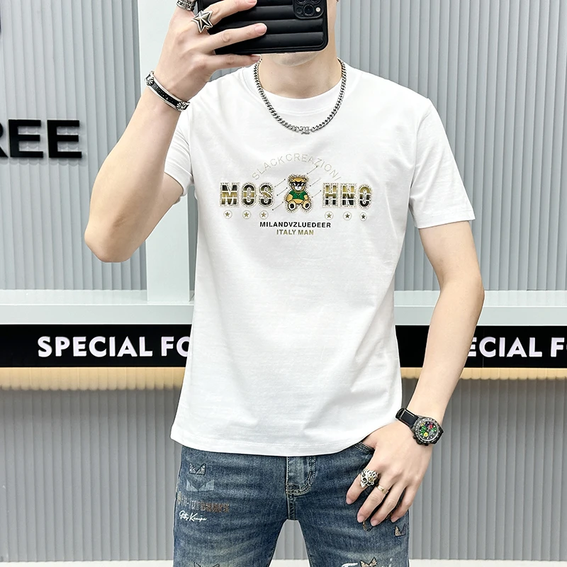 高端欧版男士小熊休闲白色短袖t恤T恤男潮烫钻半袖男生夏季薄短袖