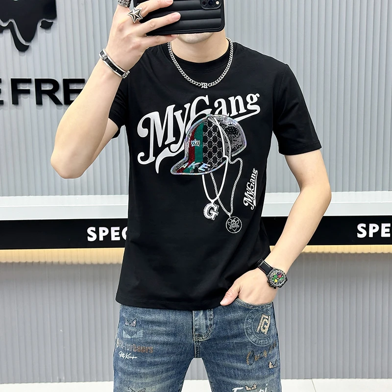 高端欧版男士2025年夏季新款男士短袖烫钻青年休闲修身t