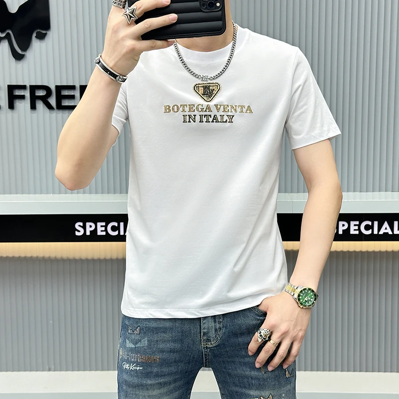 VARSACIVIP/瓦萨琪贵宾夏季男士短袖字母烫钻时尚修身透气T恤