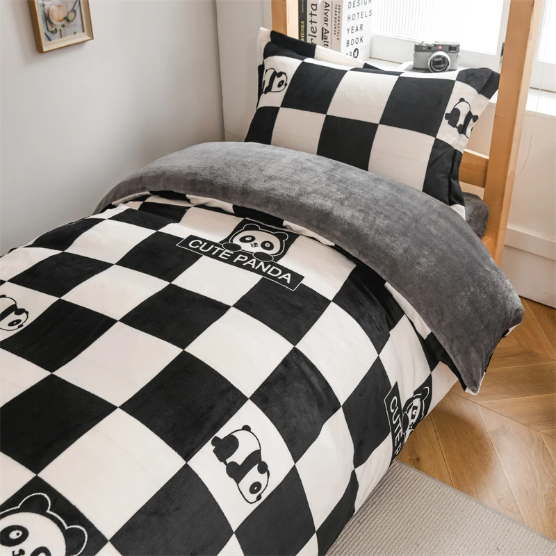 学生床单三件套牛奶绒法兰绒宿舍单人床棋盘格被套加绒男生上下铺