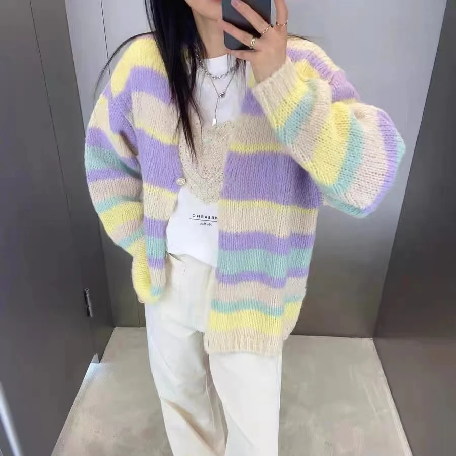 全新未使用 MaxMara 2024秋冬新款紫色彩虹多巴胺针织开衫