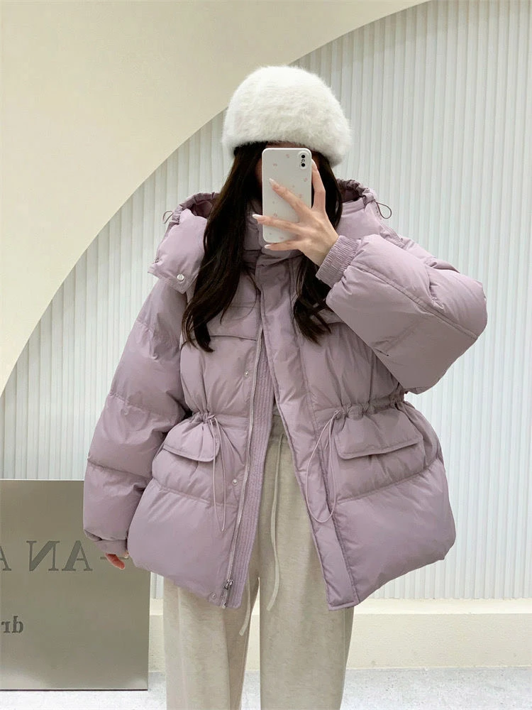 反季韩版小个子连帽收腰羽绒服女中长款白鸭绒保暖外套