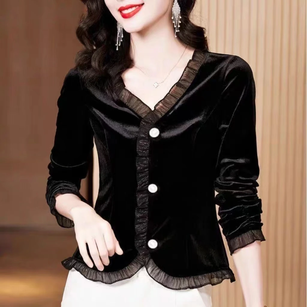 绮绮精选 6757#2025早春款长袖钻石绒衬衫V领打底长袖小衫