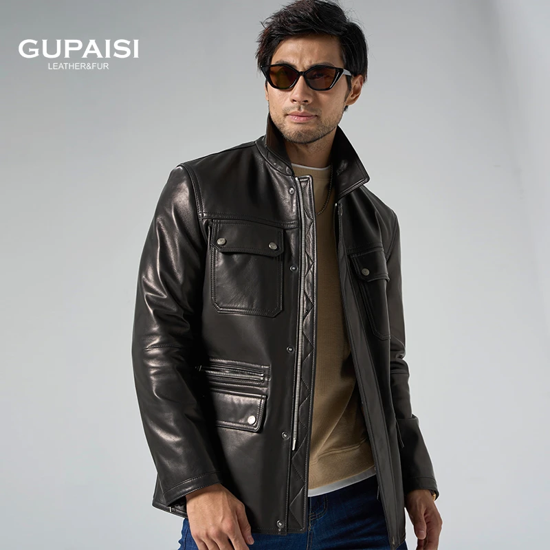 Gupaisi/古派诗男士时尚潮流修身山羊皮商务翻领秋冬DJ9626-2