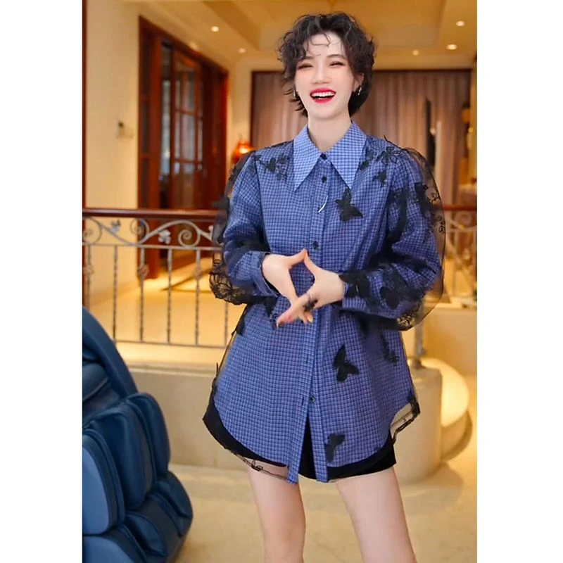 小众设计别致欧洲站2024秋季新款时尚法式蕾丝拼接长袖格子衬衣女