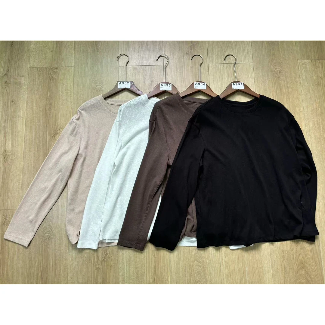 【素原家】圆领麻T秋冬棉麻修身打底极简宽松长袖上衣新品黑白咖