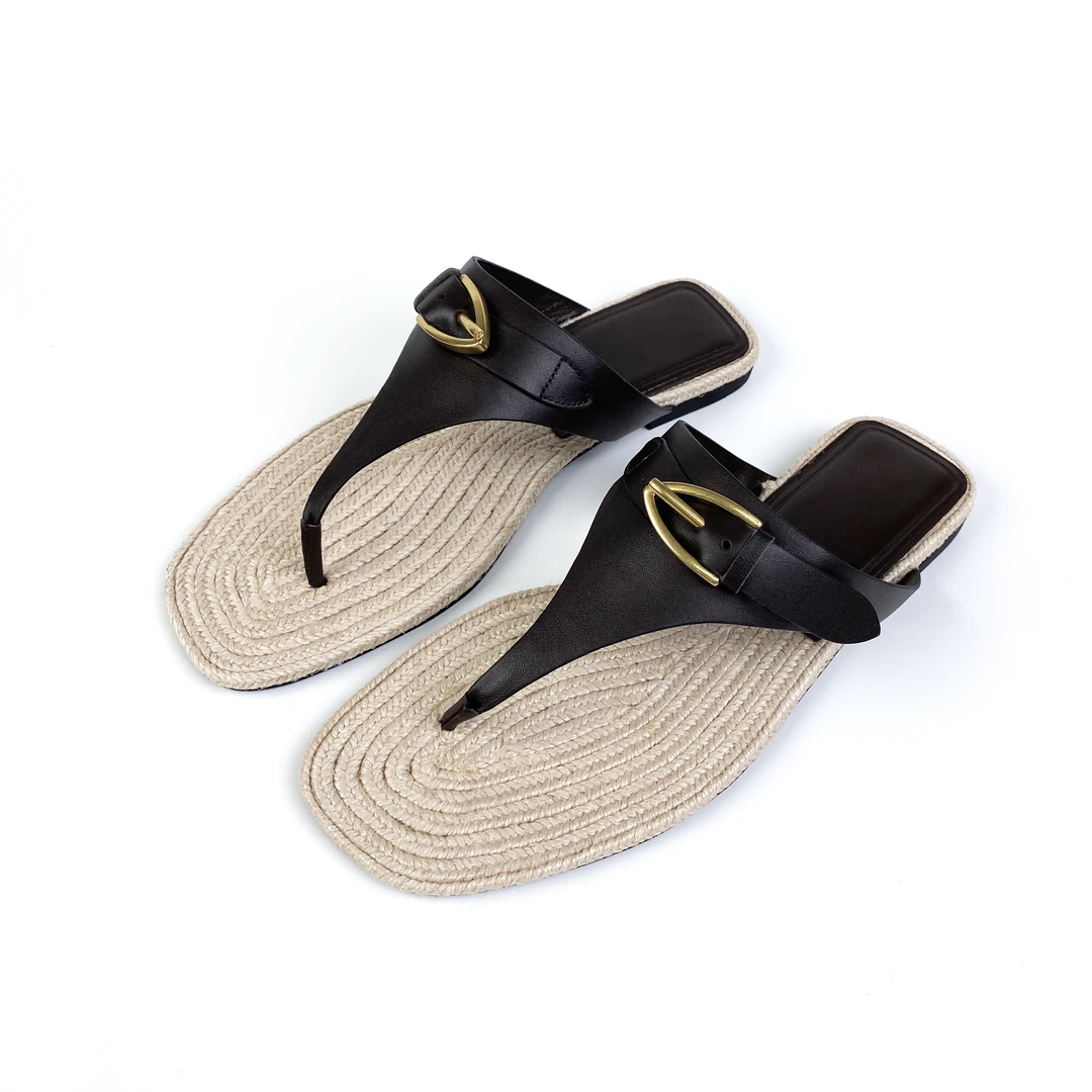 法式夹脚凉拖舒适女士复古草编休闲平底罗马凉鞋