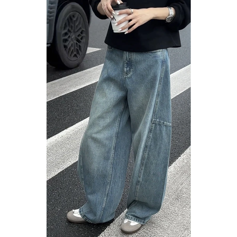 窄版阔腿裤牛仔裤子女夏季新款胖mm显瘦大码弯刀香蕉裤高腰小个子