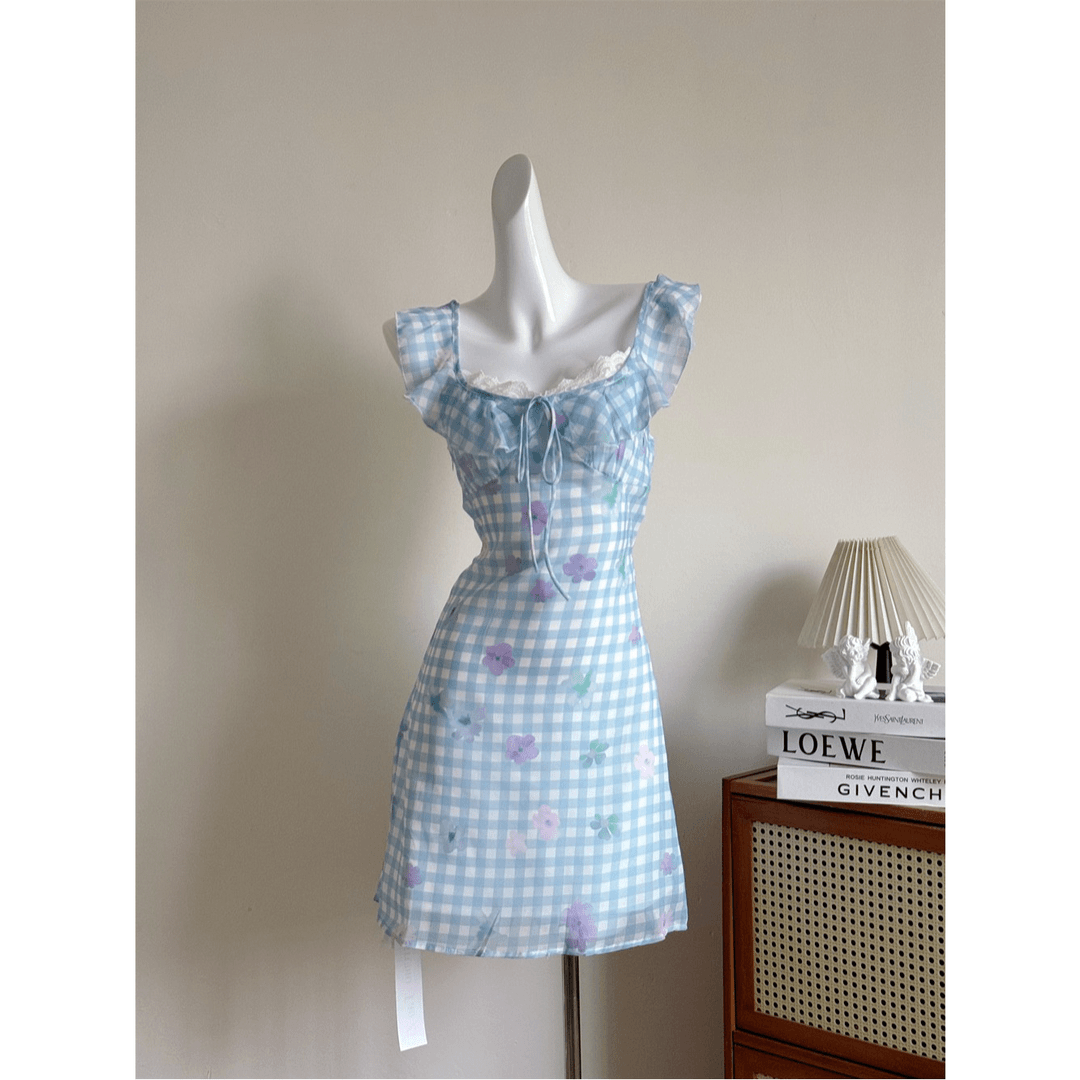 连衣裙格纹女收腰吊带女法式短裙女2024新款女装时尚设计感百