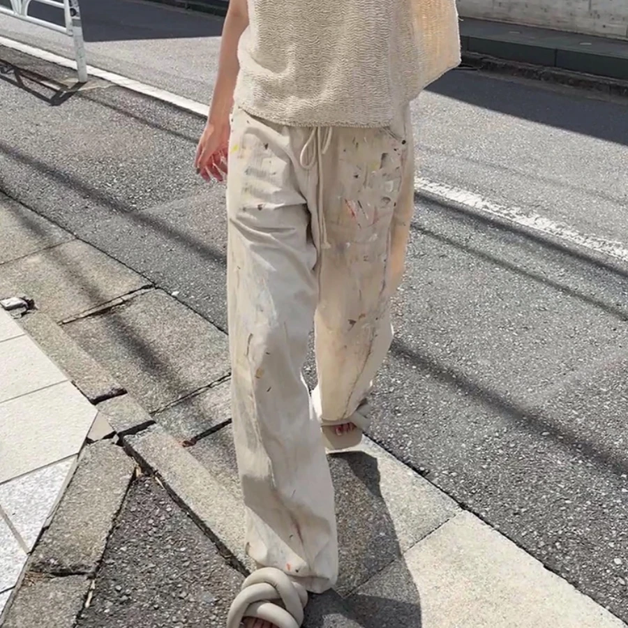 孙阳同款Epide Prefab孙阳同款弯刀茧型扭缝手绘泼墨做旧画家裤