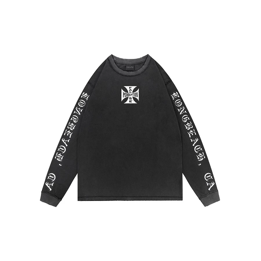 【官方正品】 False perception 十字LOGO水洗长袖