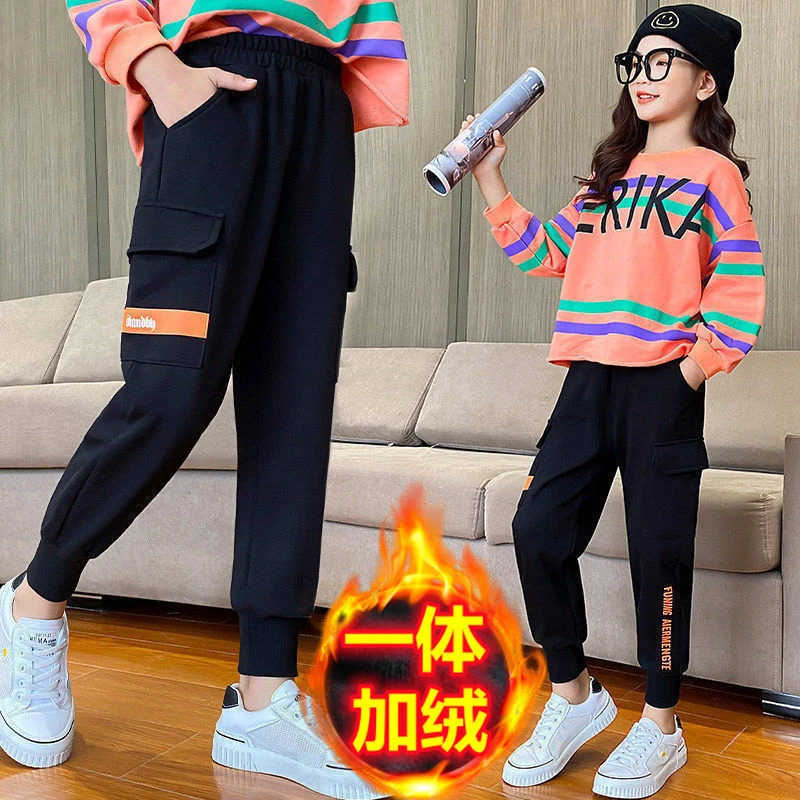 女童裤子2023新款秋冬装长裤中大童洋气运动裤宽松儿童工装裤加绒
