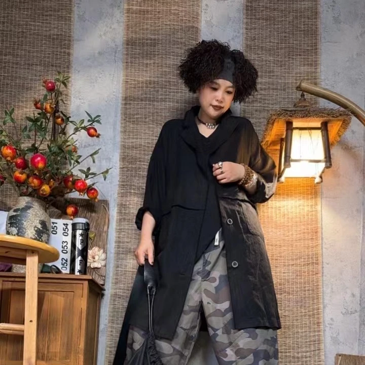 873款秋季宽松休闲时尚百搭潮流个性长款棉麻风衣