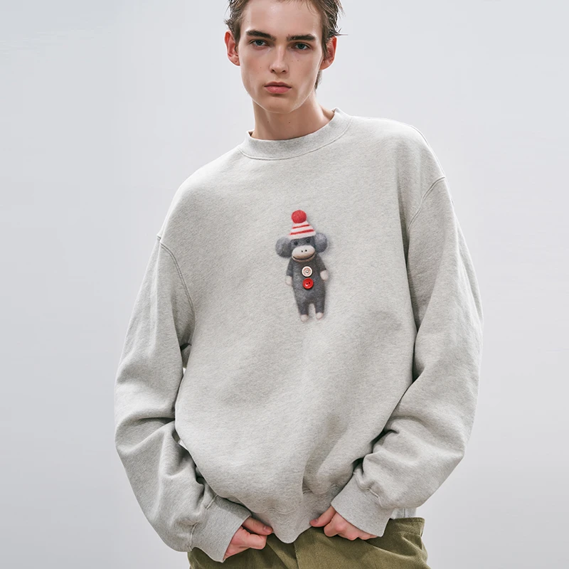 官方直营Epide Prefab秋冬纽扣毛毡玩偶猴子印花复古做旧廓形卫衣