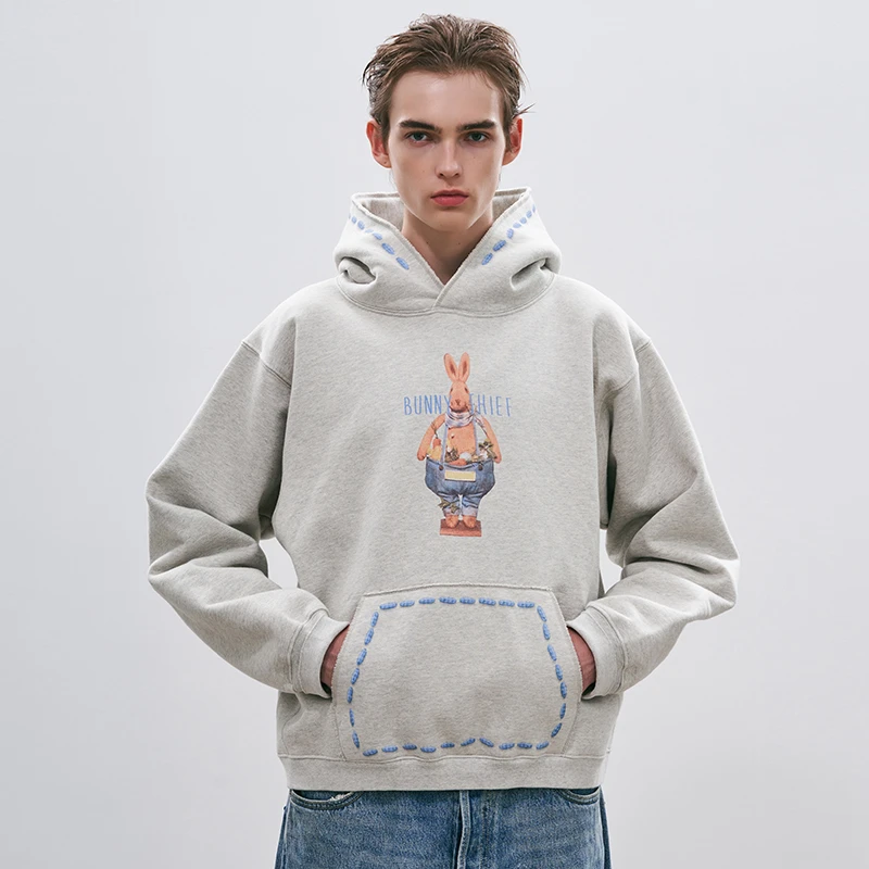 官方直营Epide Prefab毛毡玩偶缝线兔子印花加绒复古连帽衫卫衣