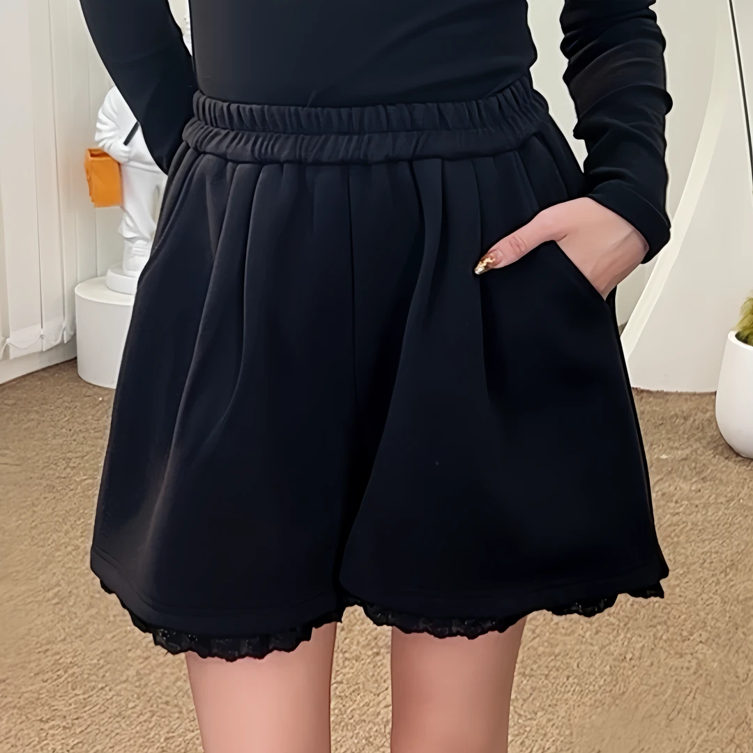 B51862甜美花边休闲短裤女新款简约宽松显瘦高腰A字阔腿短裤