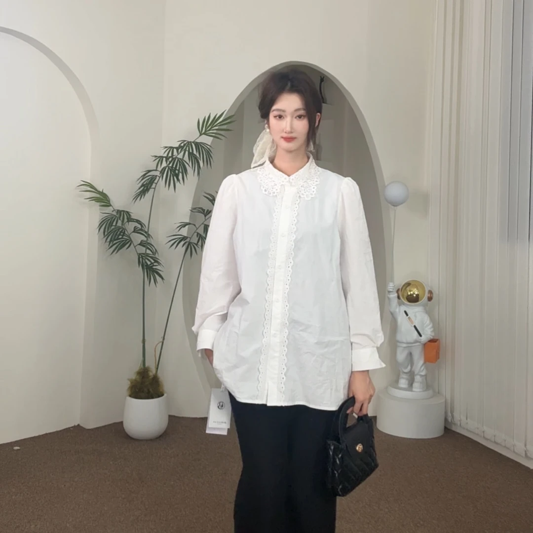 铂屋馆B52090韩系宽松百搭拼接花边气质长衬衫