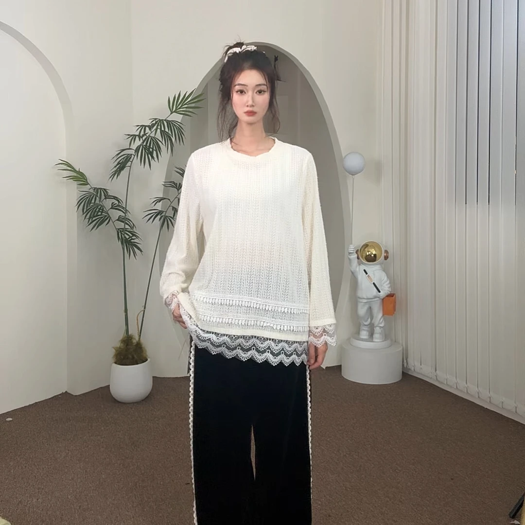 铂屋馆B51993圆领长袖蕾丝衫秋冬新款休闲百搭设计感别致上衣女