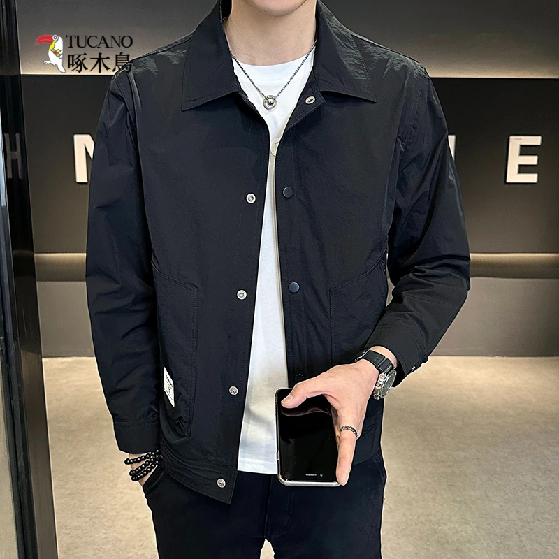 啄木鸟正品男士外套2024春秋季新款翻领工装中青年夹克时尚潮上衣