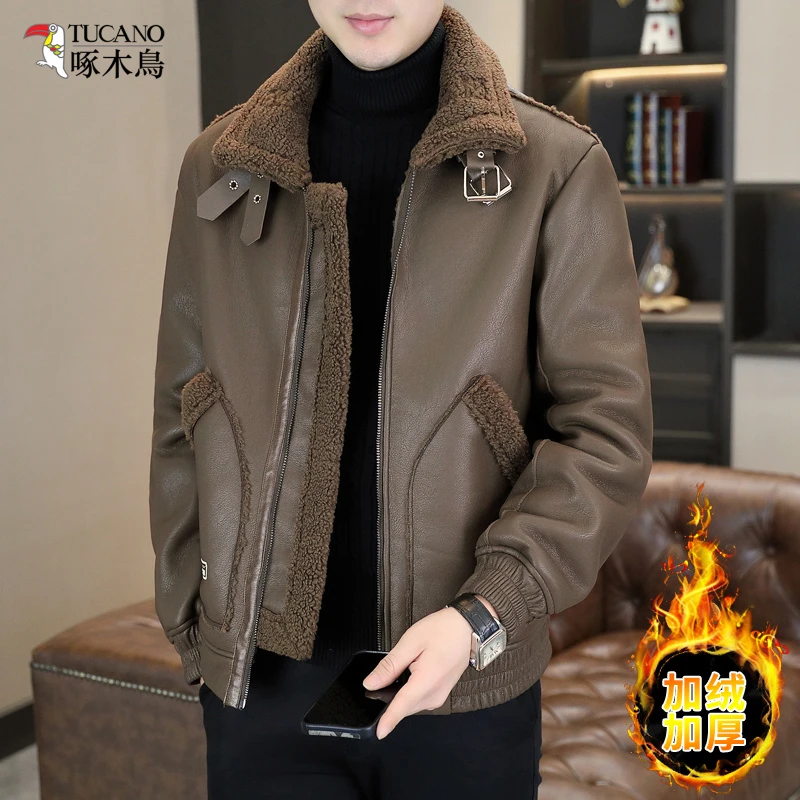 啄木鸟新款秋冬皮衣男一体加绒加厚机车男士皮夹克做旧复古外套男