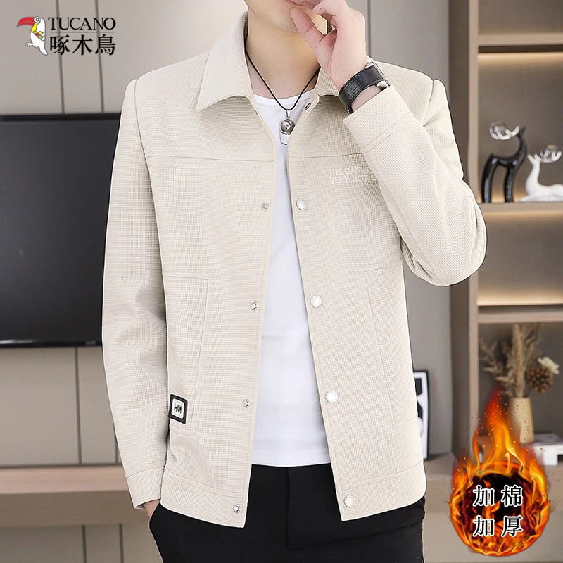 啄木鸟正品冬季翻领夹克简约潮流百搭时尚休闲青年男士加厚外套