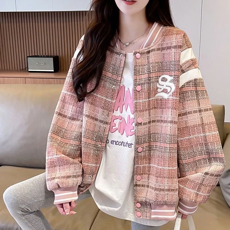 美式格子刺绣外套少女春秋装长袖新款初中高中学生宽松夹克棒球服