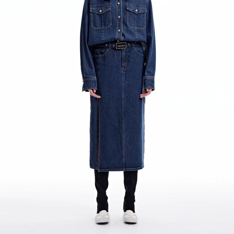 REVAN芮范2023冬季新品美拉德复古风开叉牛仔长裙RN91507215