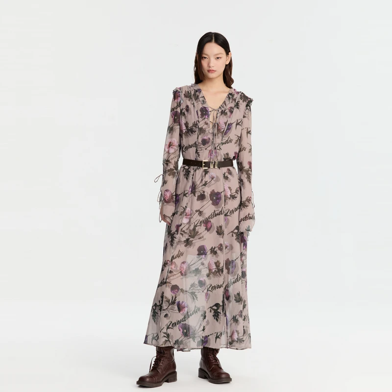 REVAN芮范冬季新品浪漫咖色碎花连衣裙RM91101142