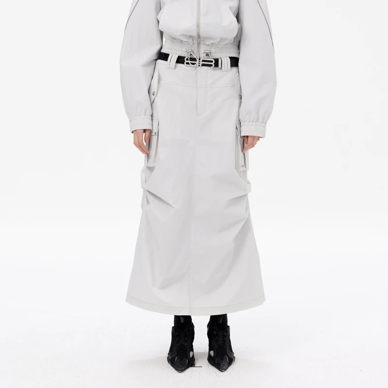 REVAN芮范春新品酷感抽褶灰白工装半裙RM11506206