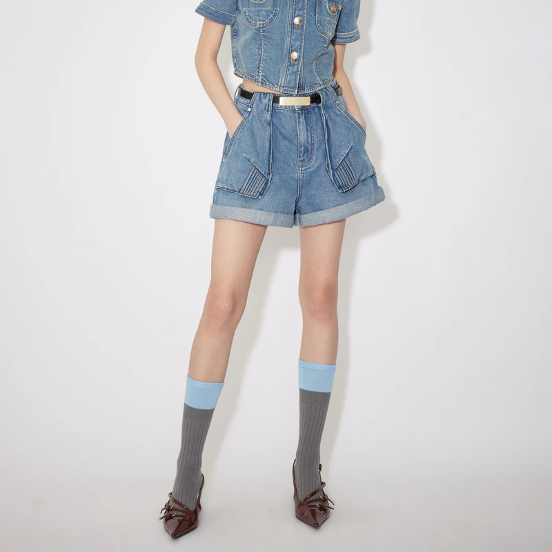 REVAN芮范夏新品重工机能风牛仔短裤RM31307140